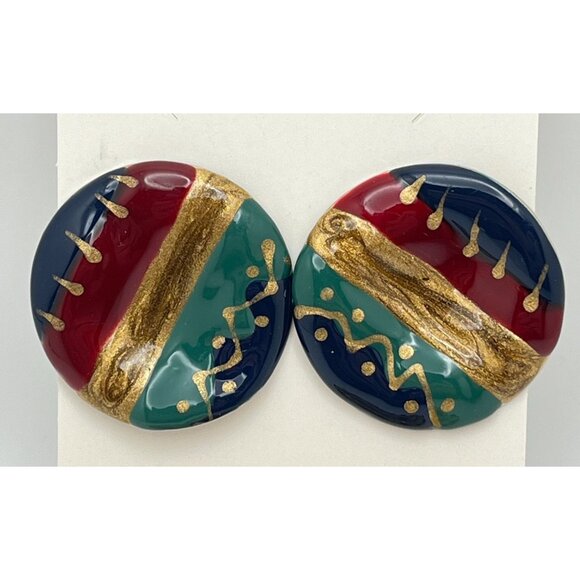 Retro 80s Earrings Vintage Swirl Paint Style Abstract Round Earth Tones - Picture 5 of 7